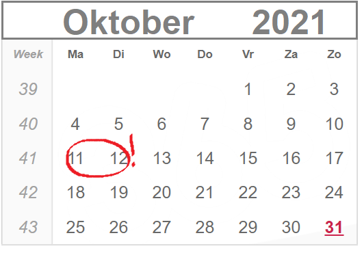 kalender waarop 11 en 12 oktober aangeduid staat