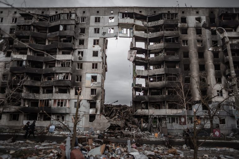 gebombardeerd gebouw in Oekraïne