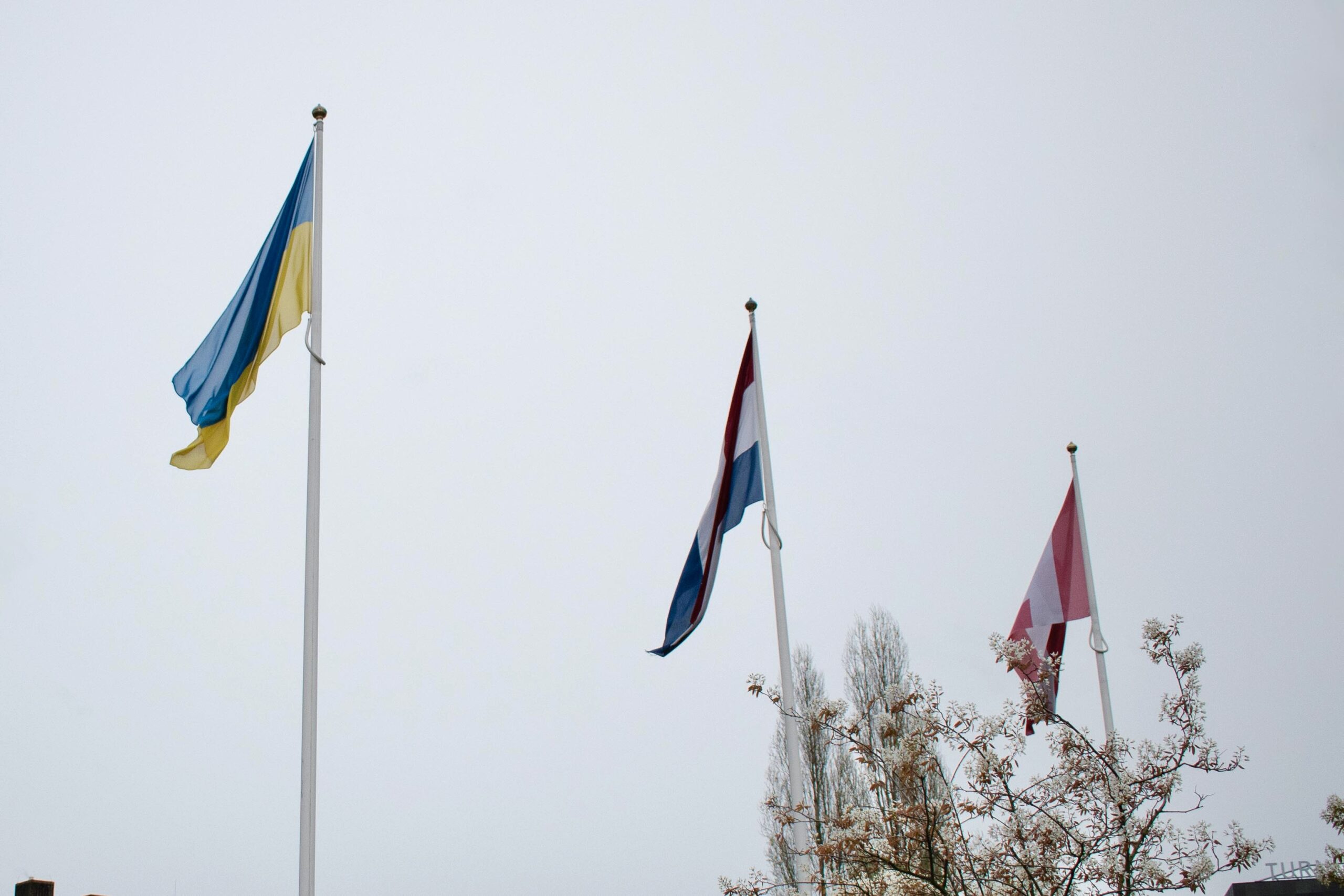 De Oekraïense vlag wappert aan het Eindhovense Stadhuis