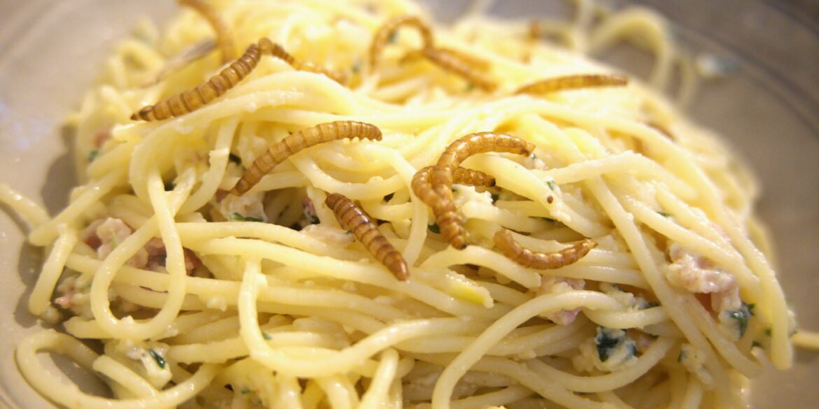 Close-up bord met pasta carbonara en meelwormen
