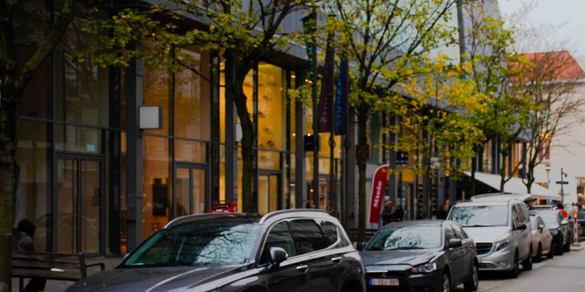 Een rij van geparkeerde auto's op Hopland, centrum van Antwerpen