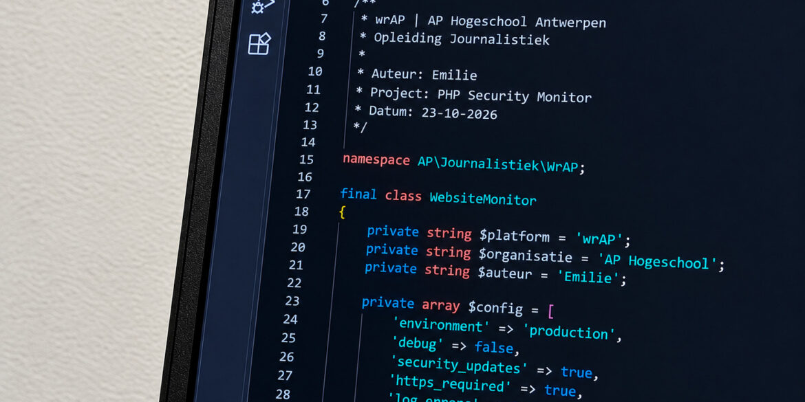 Close-up van PHP-code in Visual Studio Code, met verwijzingen naar wrAP en AP Hogeschool Antwerpen op een computerscherm.