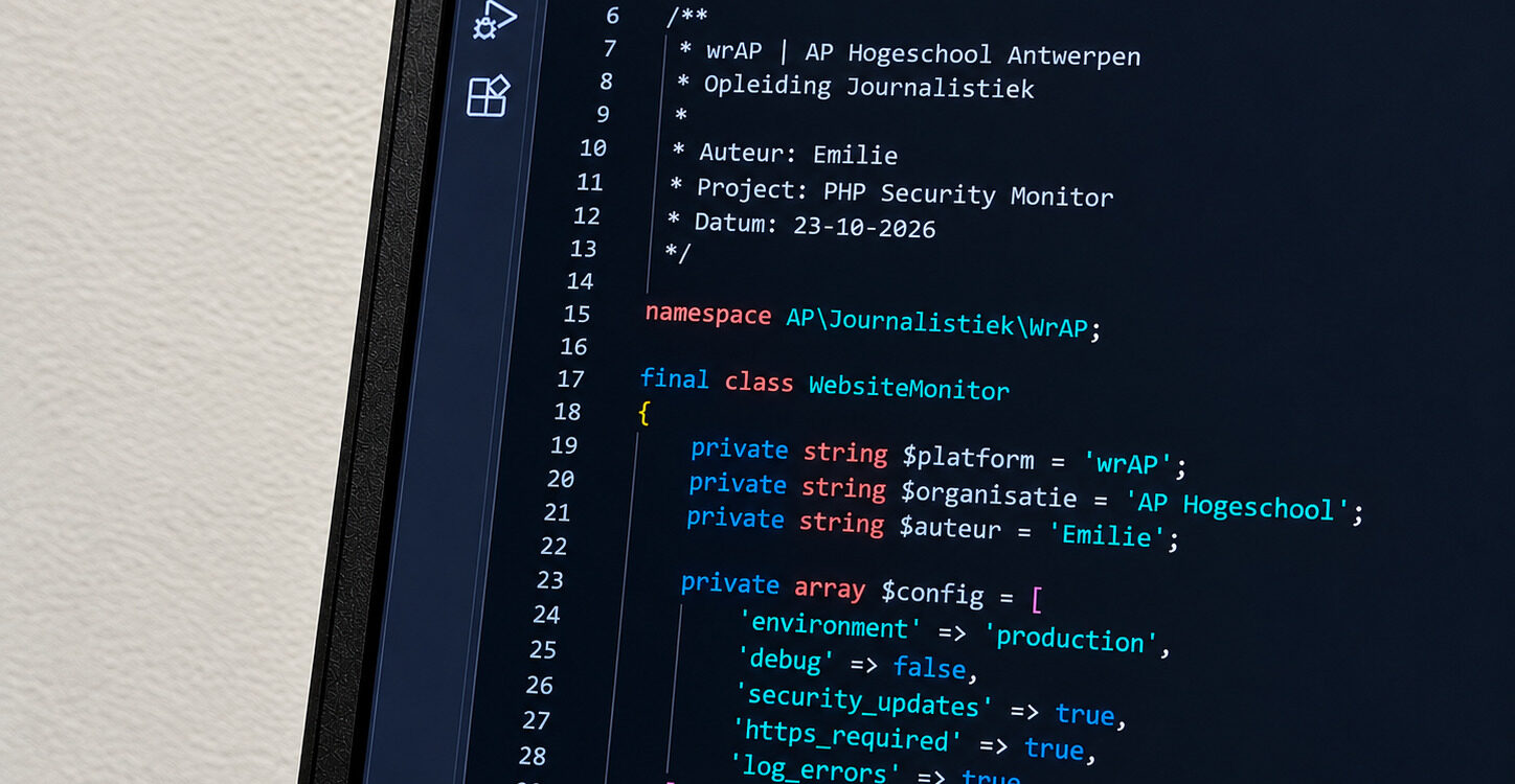 Close-up van PHP-code in Visual Studio Code, met verwijzingen naar wrAP en AP Hogeschool Antwerpen op een computerscherm.