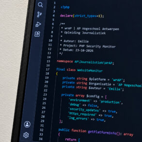 Close-up van PHP-code in Visual Studio Code, met verwijzingen naar wrAP en AP Hogeschool Antwerpen op een computerscherm.